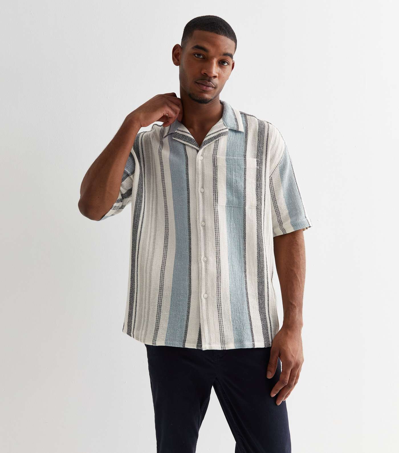 Blue Stripe Textured Cotton Short Sleeve Shirt Image 2