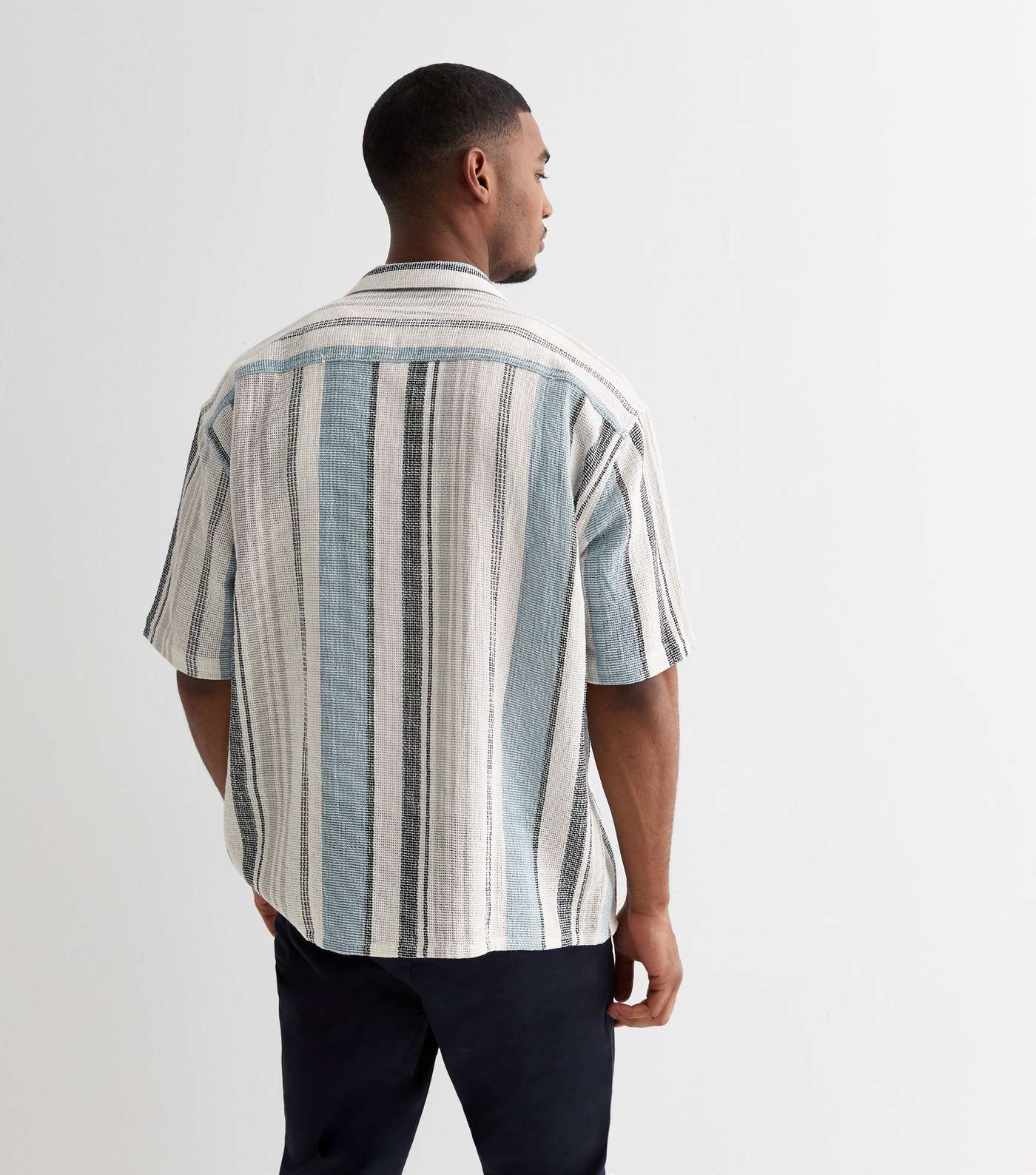 Blue Stripe Textured Cotton Short Sleeve Shirt Image 4