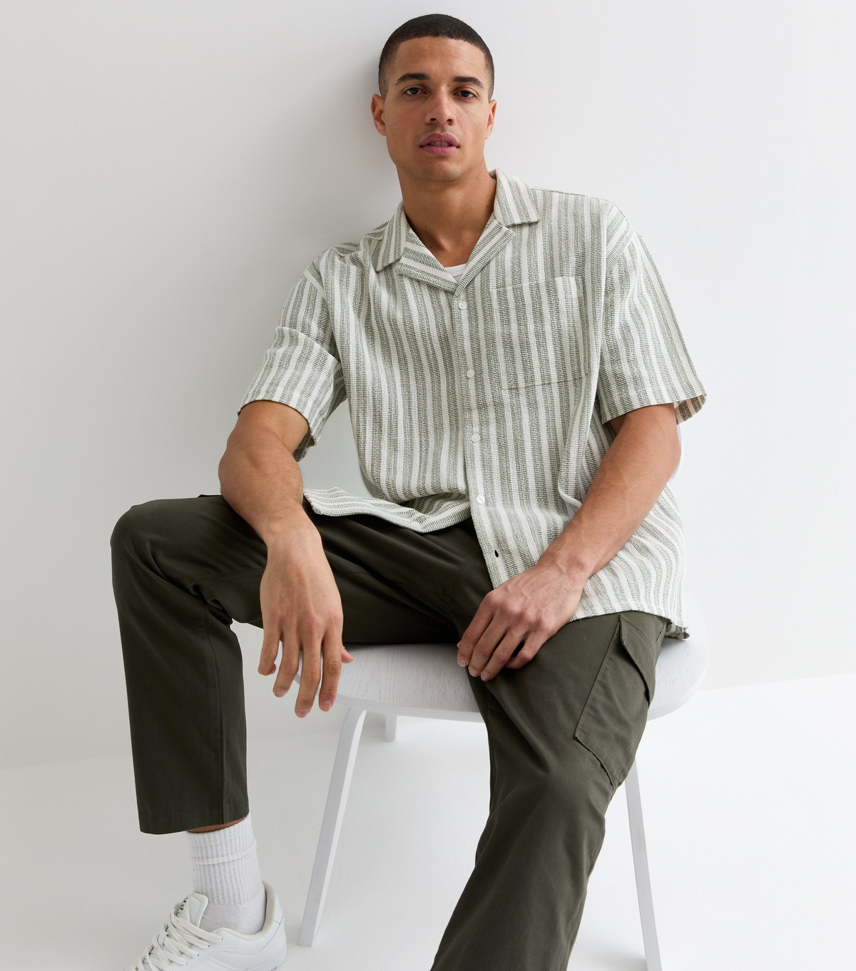 Men's Green Stripe Textured Cotton Short Sleeve Shirt New Look