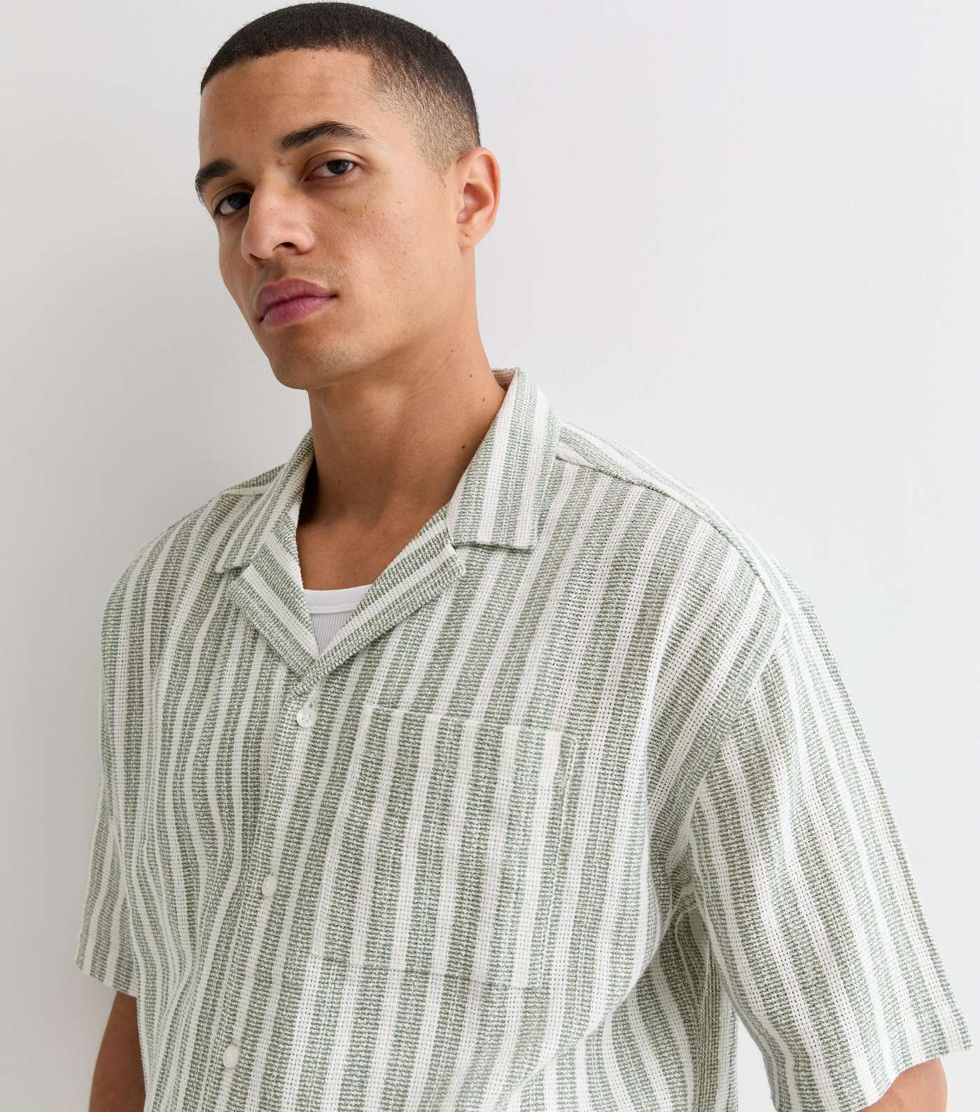Green Stripe Textured Cotton Short Sleeve Shirt Image 2