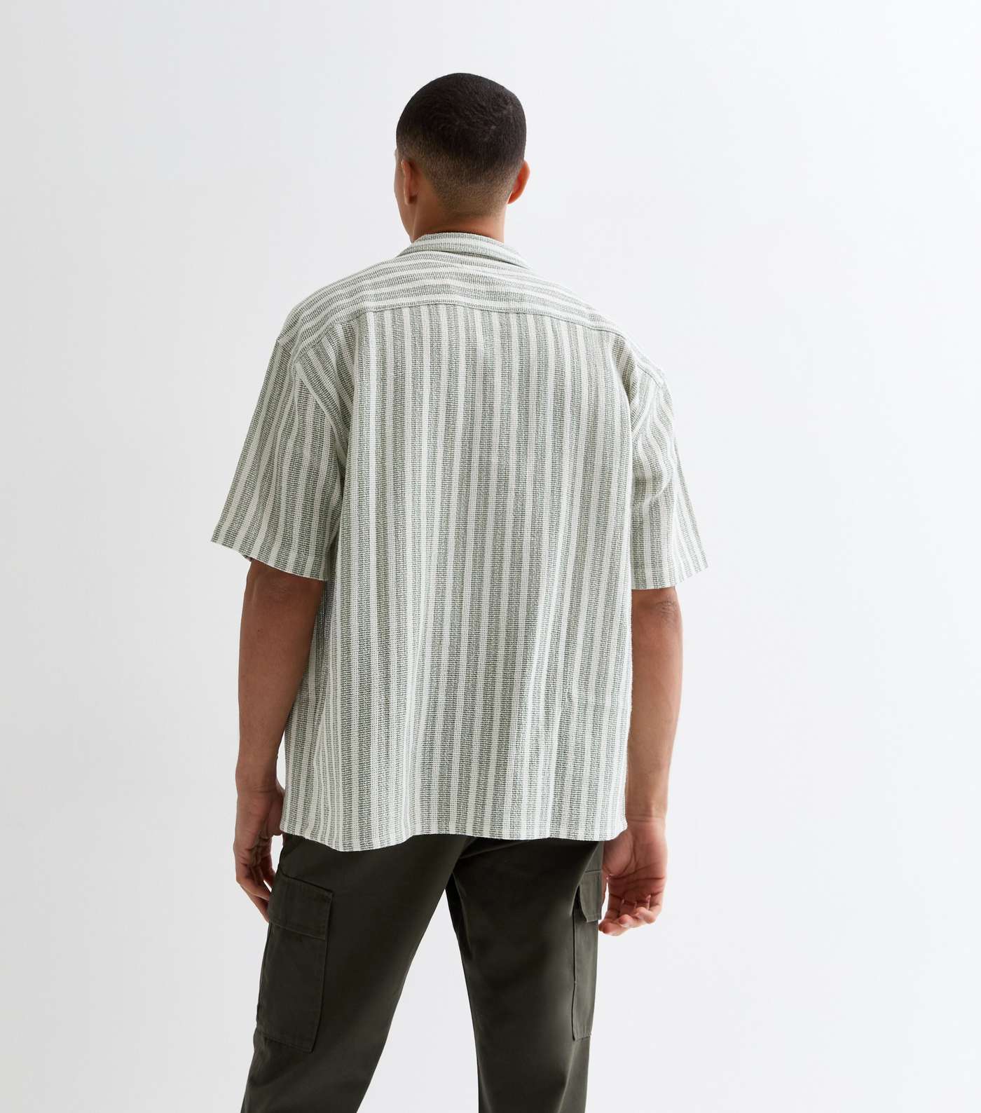 Green Stripe Textured Cotton Short Sleeve Shirt Image 4