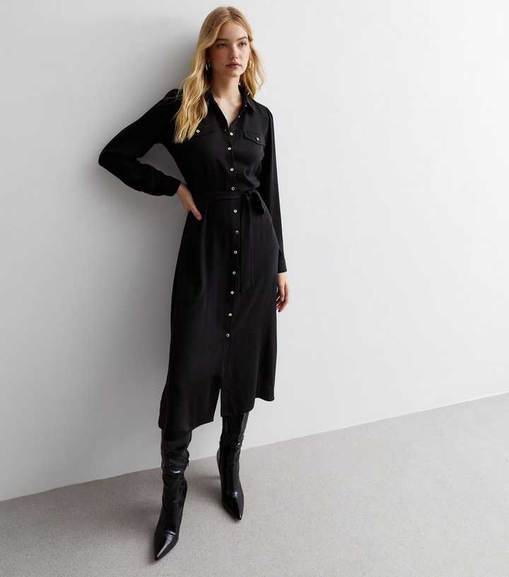 Black Utility Belted Midaxi Shirt Dress