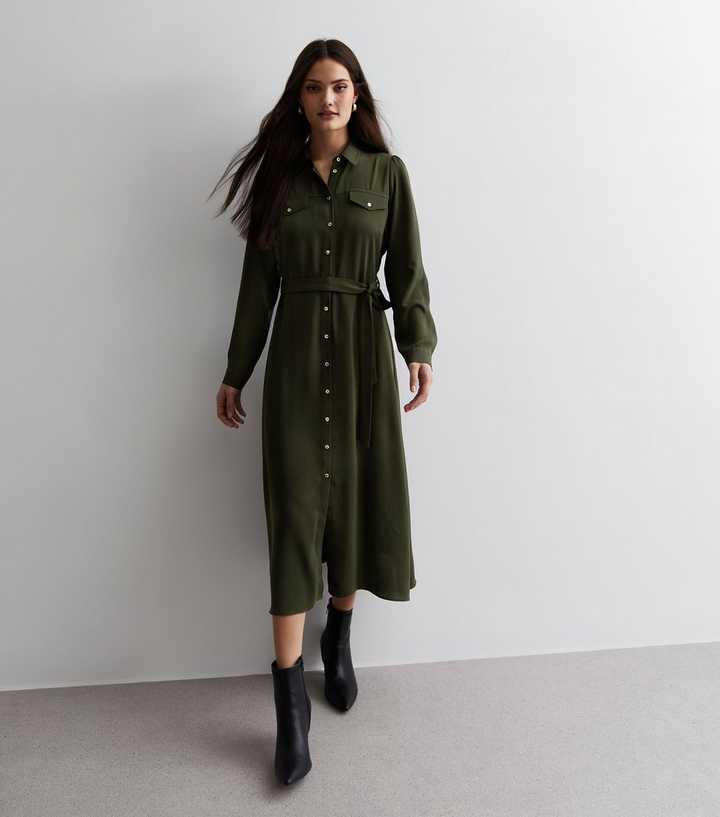 Khaki Utility Belted Midaxi Shirt Dress