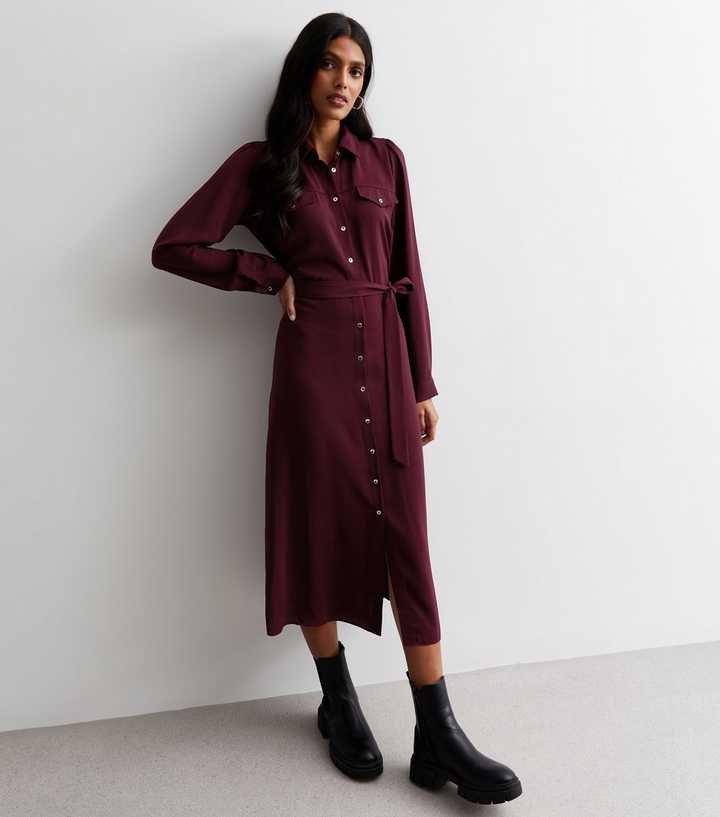 Burgundy Utility Belted Midi Shirt Dress
