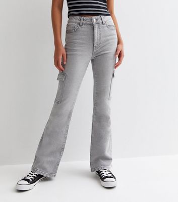 Girls Grey High Waist Flared Cargo Jeans New Look