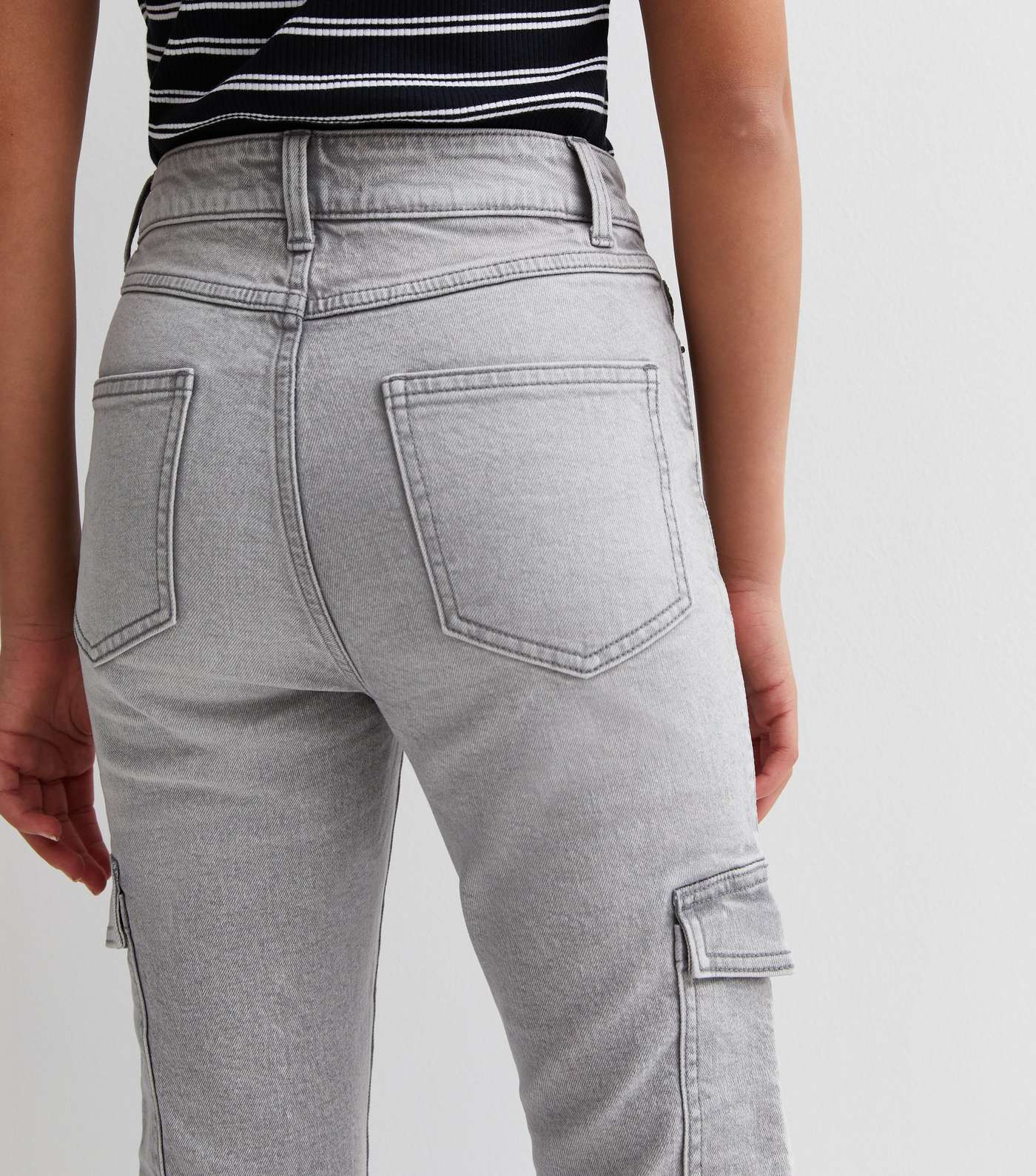 Girls Grey High Waist Flared Cargo Jeans Image 3