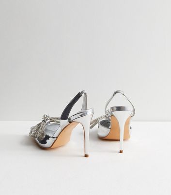 Public Desire Silver Bow Stiletto Heel Court Shoes New Look
