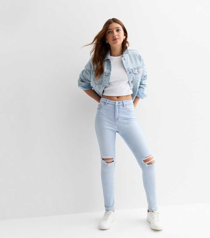 Girls Pale Blue High Waist Ripped Knee Hallie Skinny Jeans
