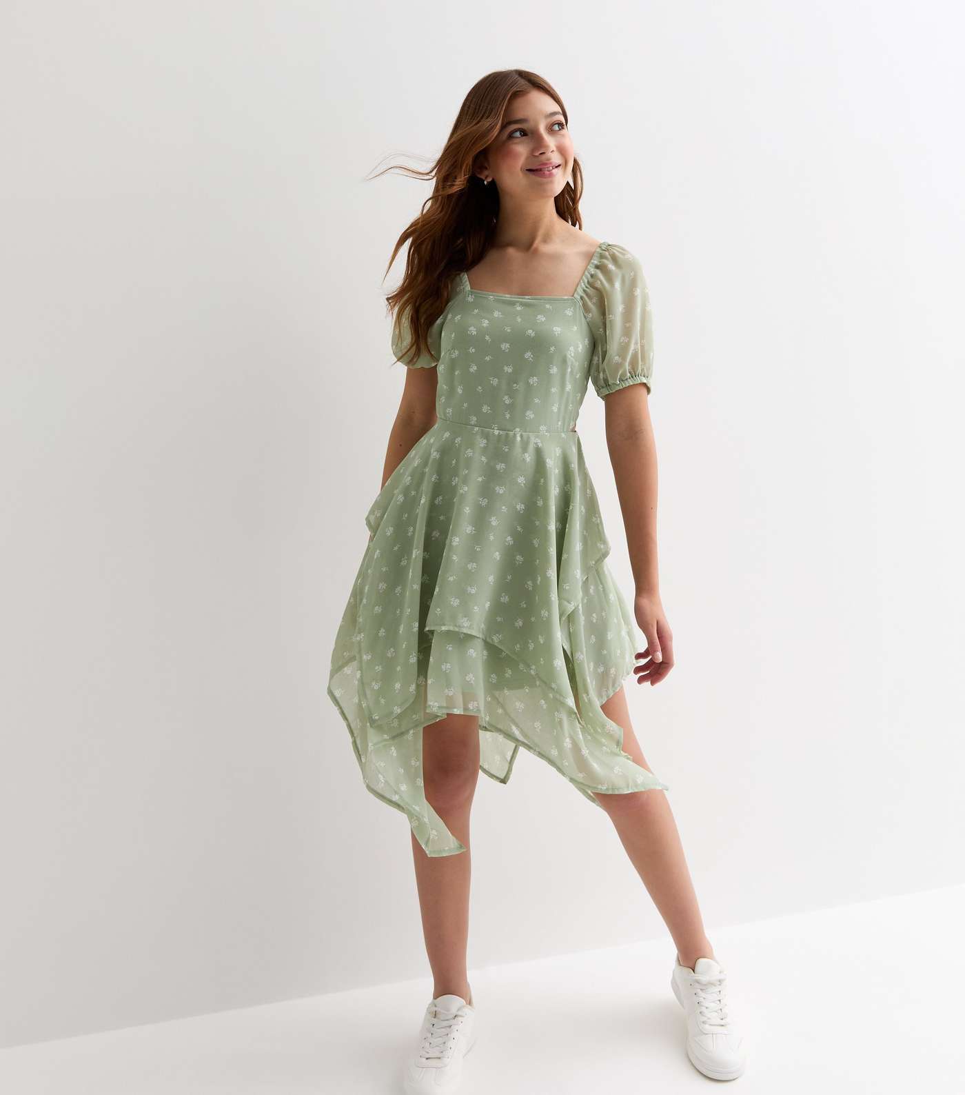 Girls Green Floral Chiffon Hanky Hem Mini Dress Image 3