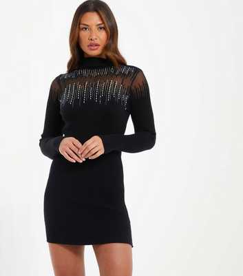 QUIZ Black Embellished Knit Jumper Mini Dress