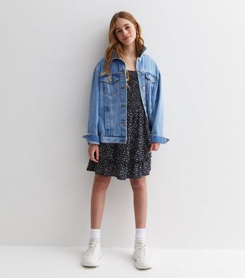 Girls Navy Ditsy Floral Shirred Mini Dress New Look