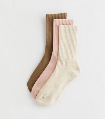3 Pack Brown Pink and Stone Ribbed Tube Socks New Look