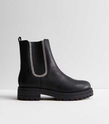 Black Leather-Look Diamanté Trim Chelsea Boots
