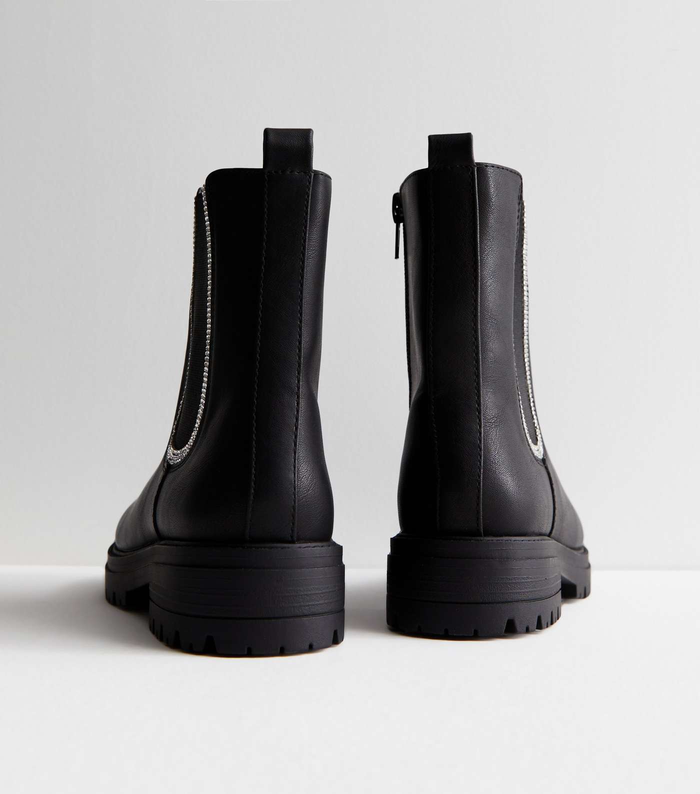 Black Leather-Look Diamanté Trim Chelsea Boots Image 4