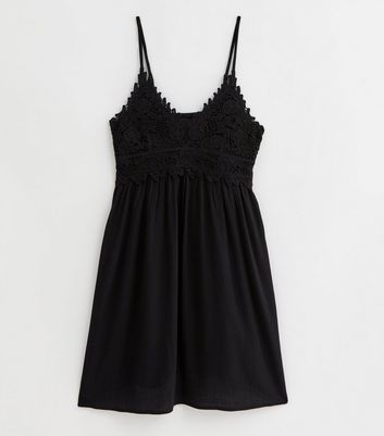 Black Crochet Strappy Mini Beach Dress New Look