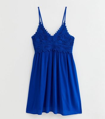 Blue Crochet Strappy Mini Beach Dress New Look