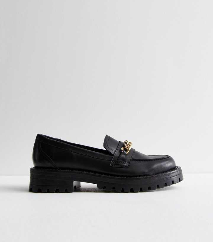 Black Leather Chain Chunky Loafers