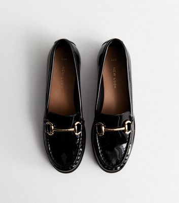 Black Patent Snaffle Trim Loafers New Look