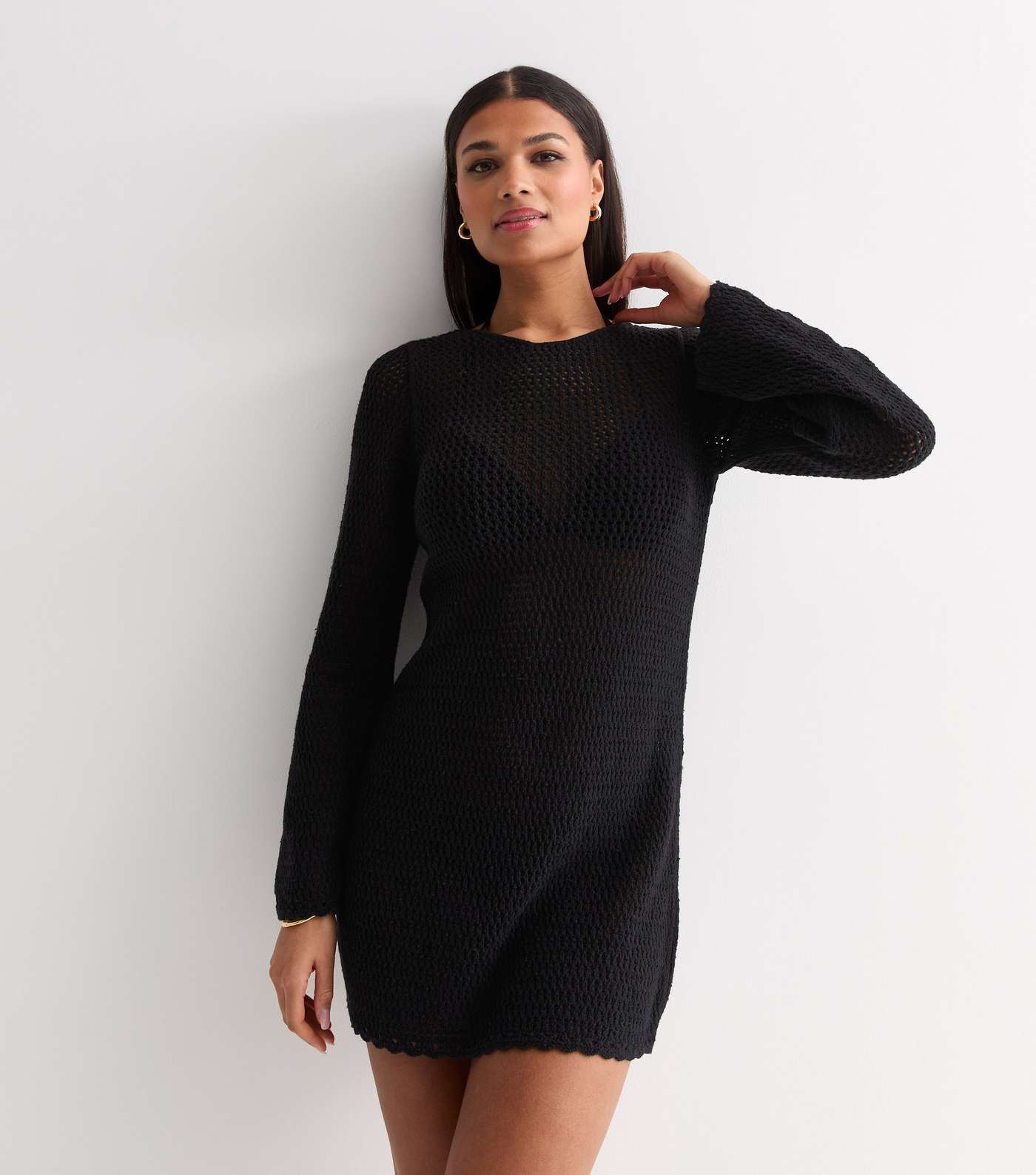 Black Crochet Long Sleeve Beach Dress | New Look