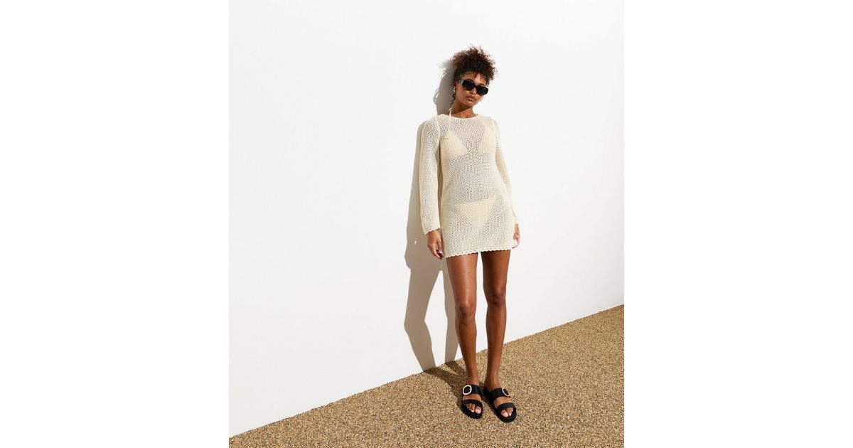 white christmas dresses Cream Open Knit Crochet Fringe Hem Midi Dress – AX Paris US