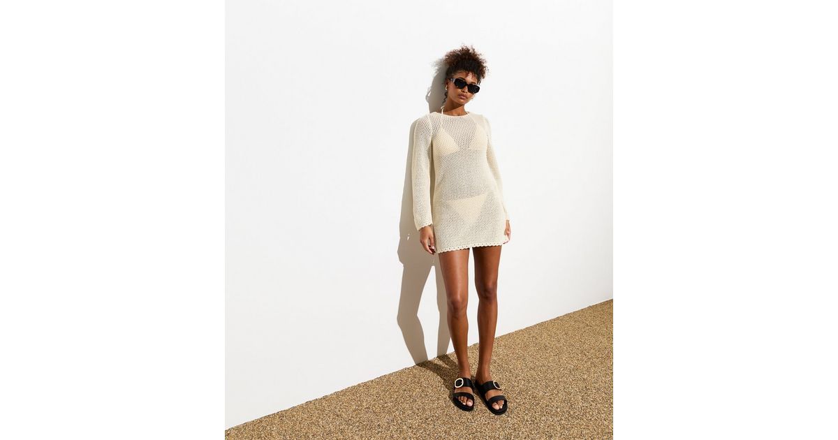 Cream Crochet Long Sleeve Beach Dress | New Look