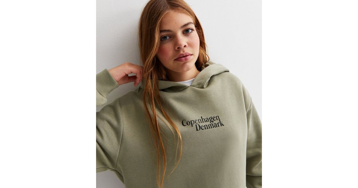 Girls Khaki Cotton Copenhagen Logo Hoodie New Look