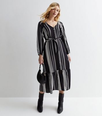 Black Stripe Long Sleeve Midi Shirt Dress New Look