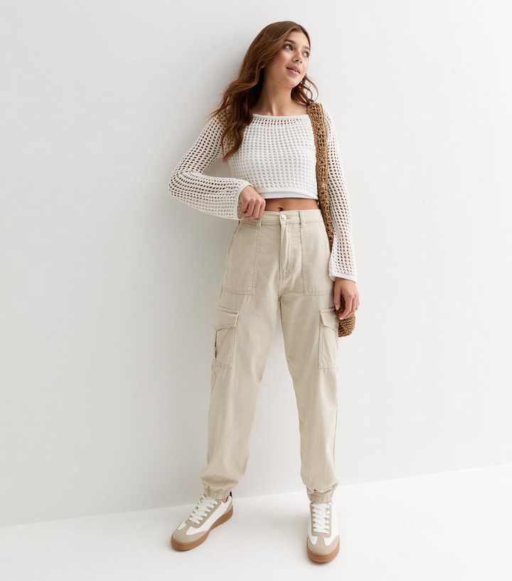 Stone Cotton Cuffed Cargo Trousers