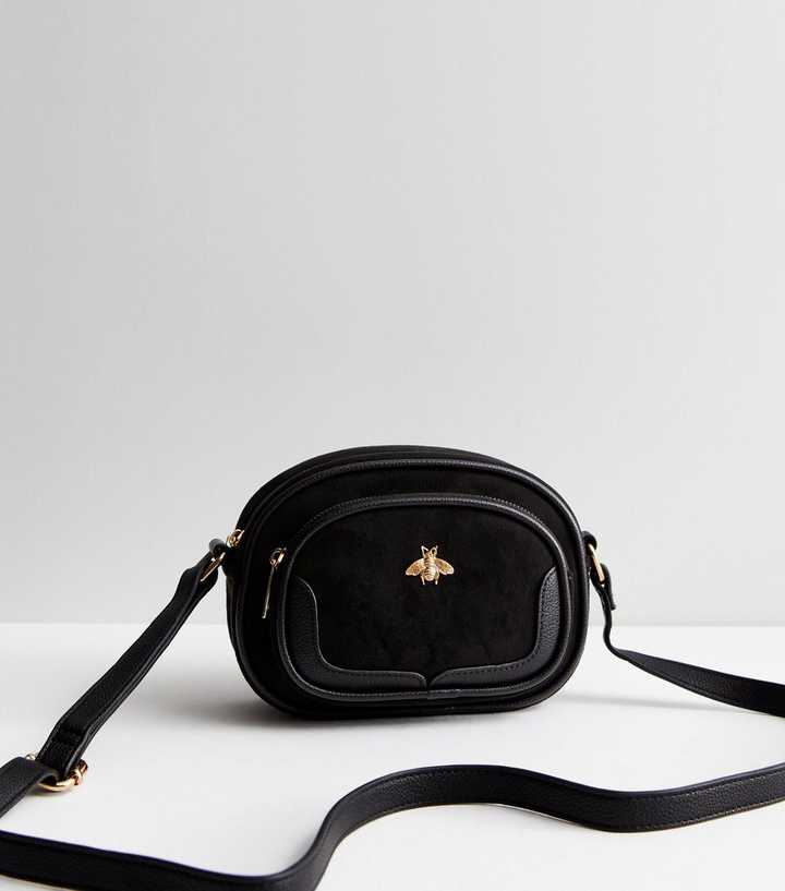 Black Suedette Oval Bee Logo Cross Body Bag