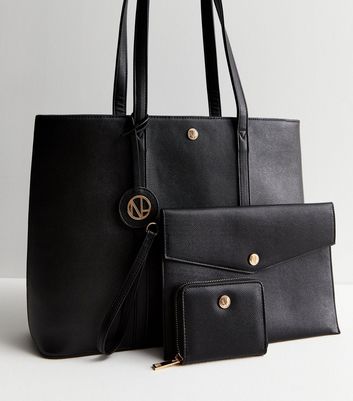 Black Leather Look Tote Bag Trio Set New Look