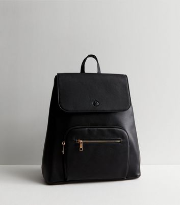 Black LeatherLook Flap Over Backpack New Look