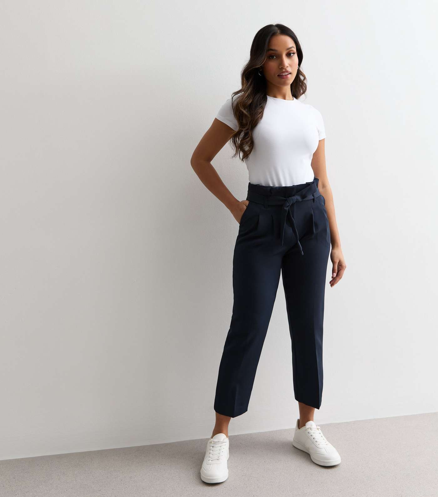 Petite Navy High Waist Paperbag Trousers