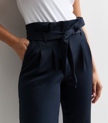 Petite Navy High Waist Paperbag Trousers New Look