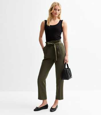 Tall Olive High Waist Paperbag Trousers