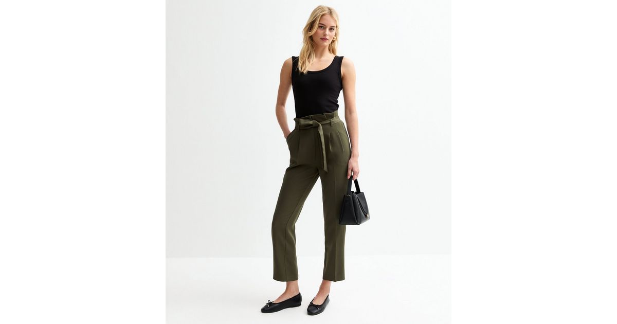 Tall Olive High Waist Paperbag Trousers New Look