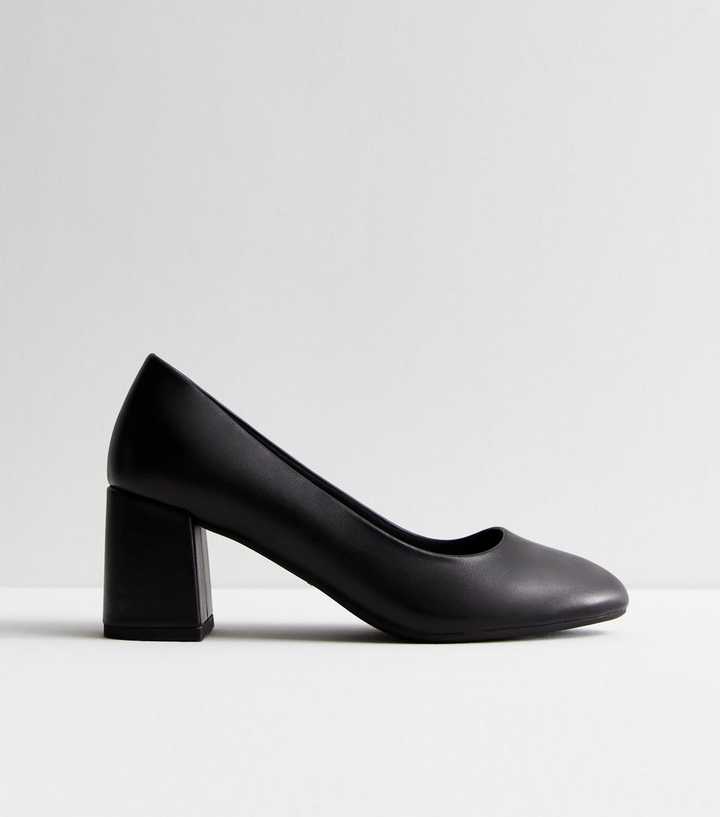 Black Leather-Look Block Heel Court Shoes
