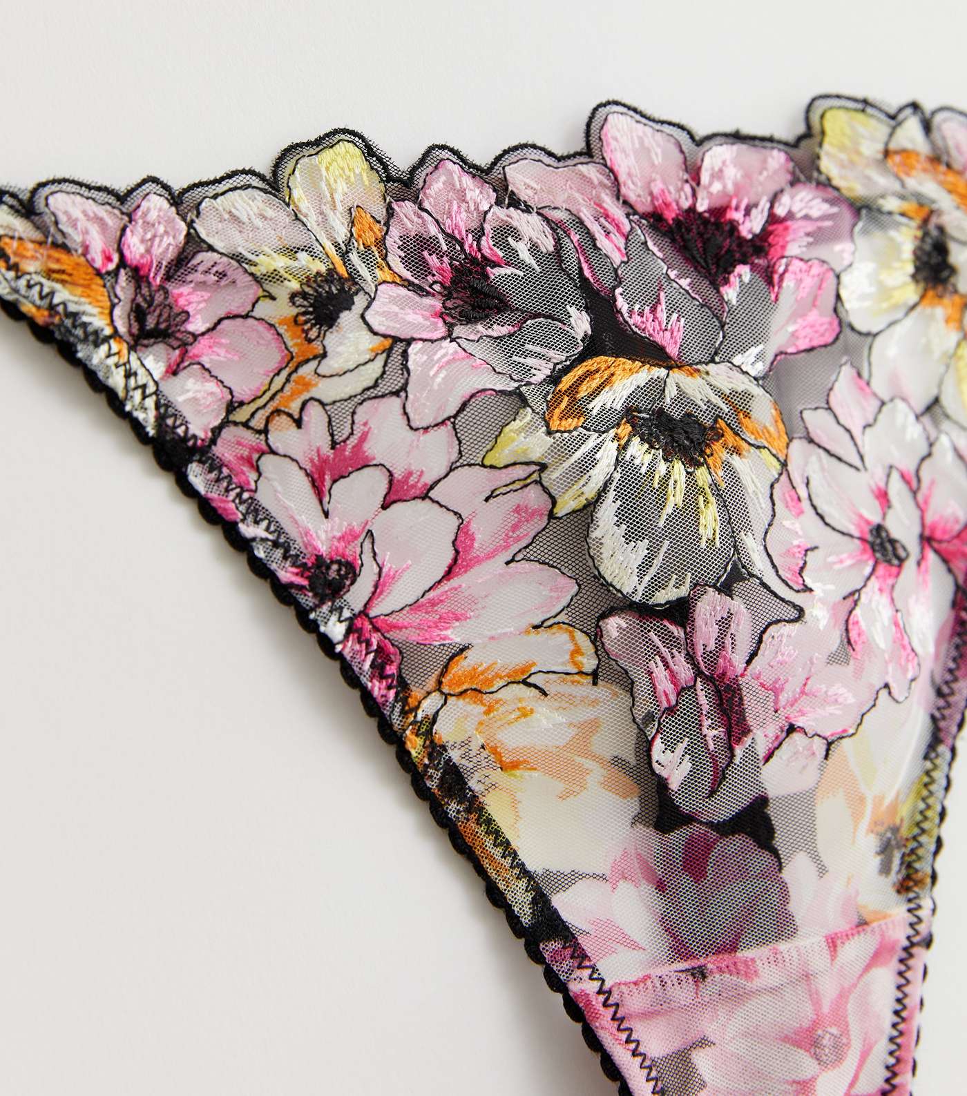 Black Floral Print Embroidered Thong Image 6