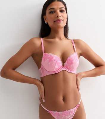 Pink Floral Embroidered Push Up Bra