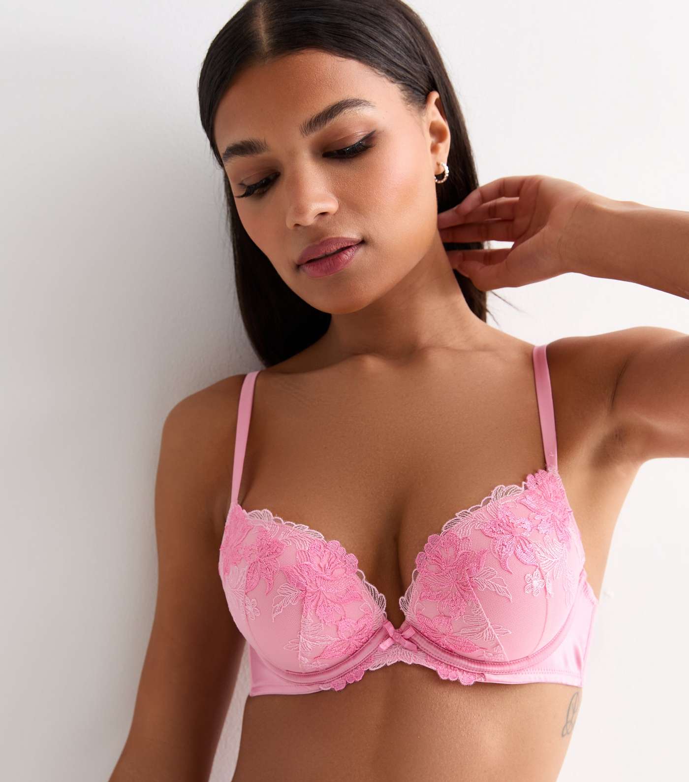 Pink Floral Embroidered Push Up Bra Image 2