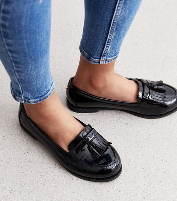 Extra Wide Fit Black Patent Tassel Trim Loafers New Look