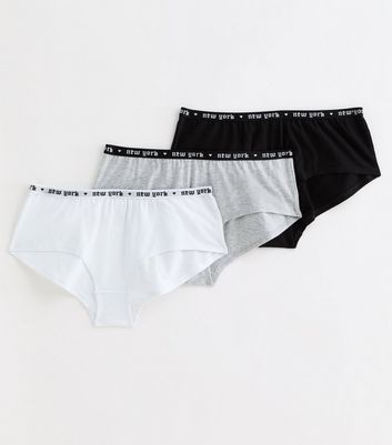 Girls 3 Pack Black White and Grey Logo Short Briefs New Look