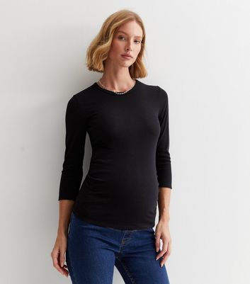 Maternity Black Ribbed 3/4 Sleeve Top New Look