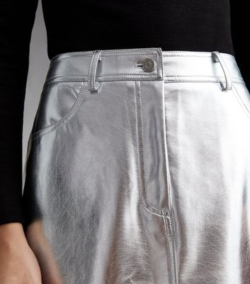 Silver Leather Look Metallic Midi Skirt New Look