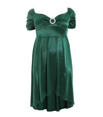 QUIZ Curves Dark Green Velvet Dip Hem Midi Dress New Look