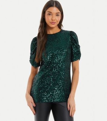 QUIZ Dark Green Sequin Puff Sleeve Top | New Look