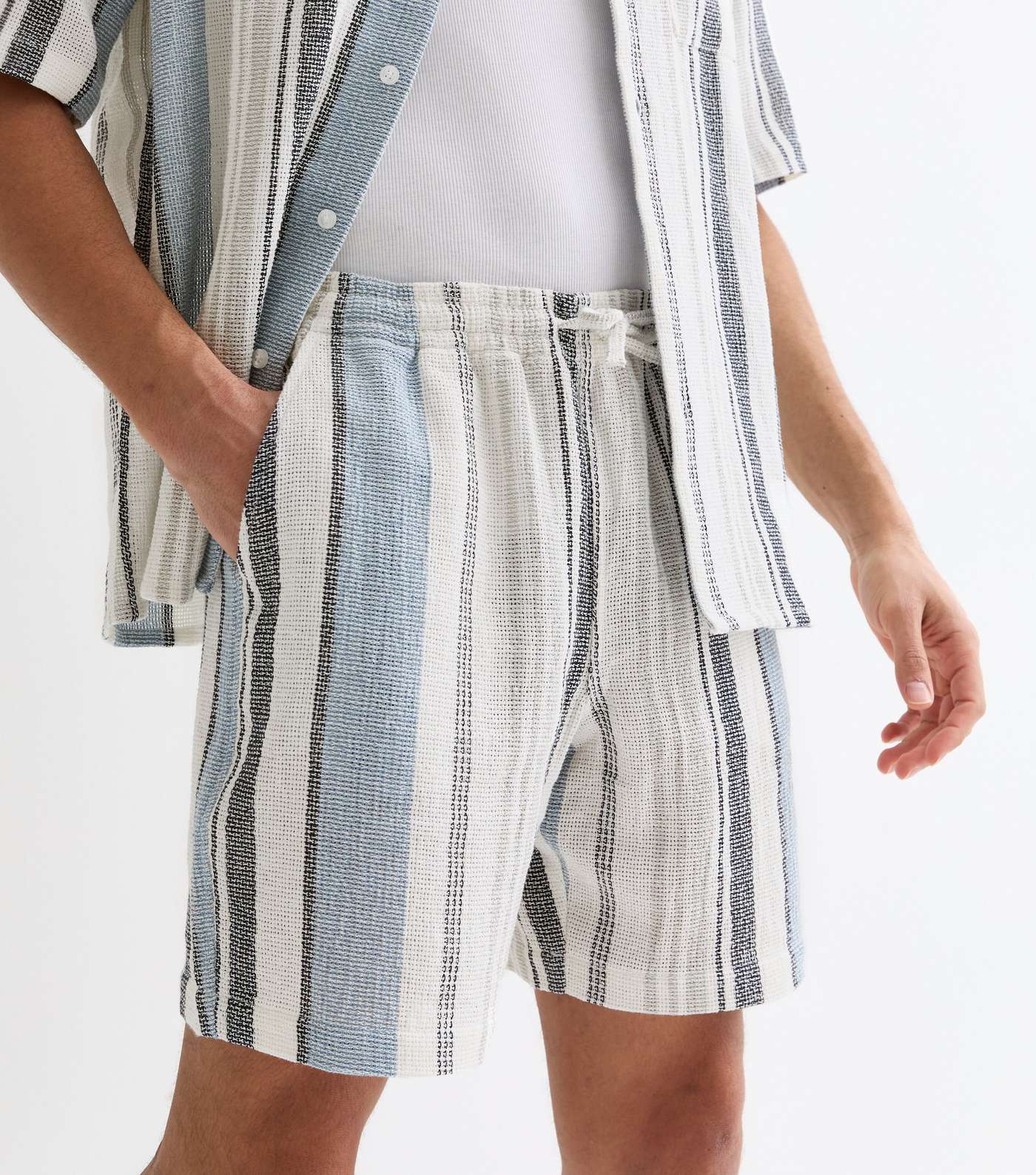Blue Stripe Relaxed Fit Textured Cotton Shorts Image 3