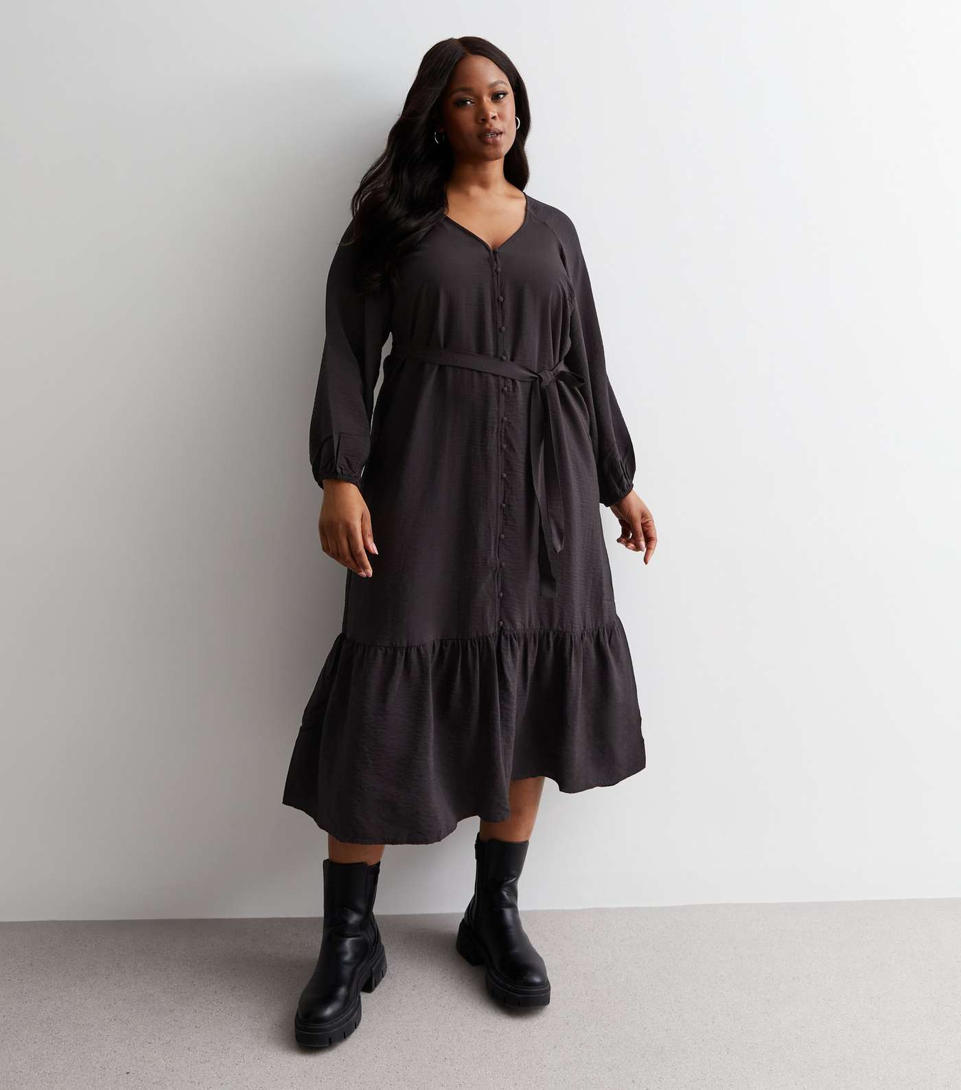 Curves Black Belted Tiered Maxi Dress Image 3