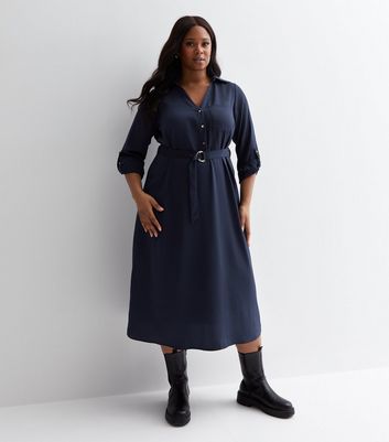 Curves Navy D Ring Belted Midi Shirt Dress New Look