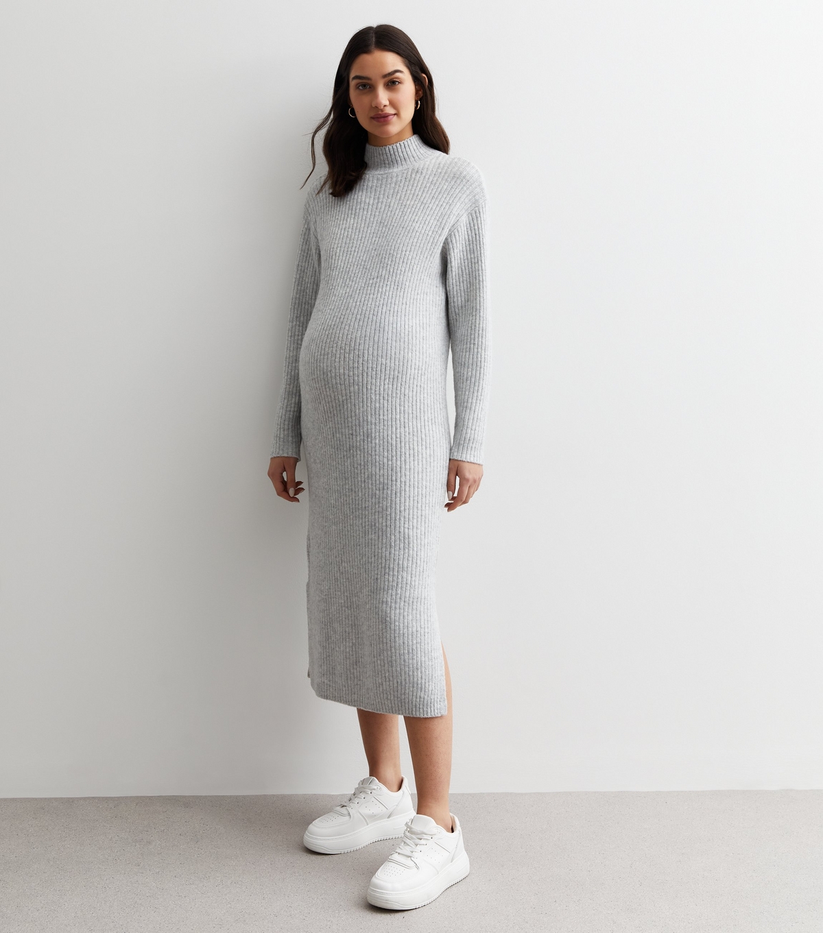 Women's Maternity Pale Grey Knit High Neck Midi Dress New Look