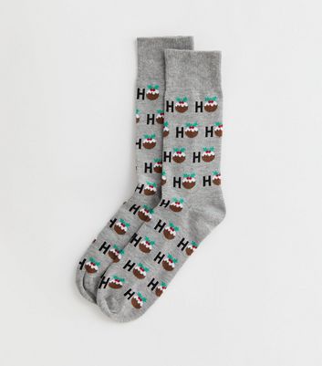 Men's Grey Marl Ho Ho Ho Christmas Socks New Look